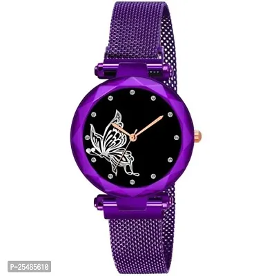 Bolun Purple Megnet Belt Black Dial Bty Analog Women and Girls Watch-thumb0