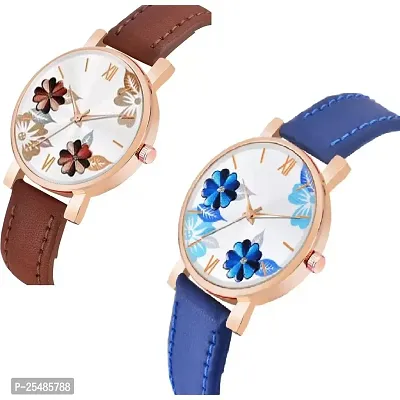 Bolun Bty Cash Brown and Blue Leather Blet Combo Women and Girls Watch-thumb2