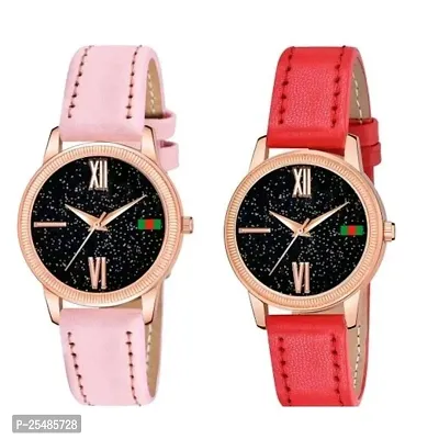 Bolun Black Roman Dial Pink and Red Leather Belt Combo Women and Girls Watch