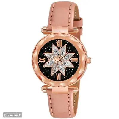 Bolun Black Star Dial Peach Leahter Women and Girls Watch