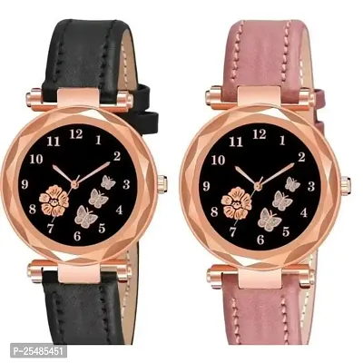 Bolun Three Butter And Rose Dial Black and Pink Leather Belt Girls and Women Watch-thumb0