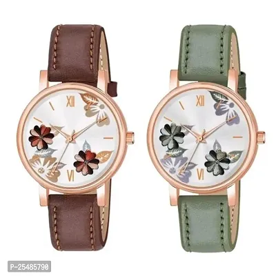 Bolun Bty Cash Brown and Green Leather Blet Combo Women and Girls Watch-thumb0