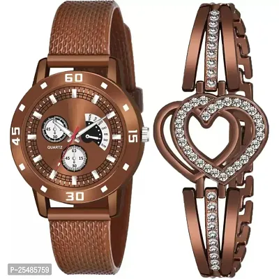 Bolun Av Brown Av Cash Brown Pu With Heart Bracelet Analog Women and Girls Watch