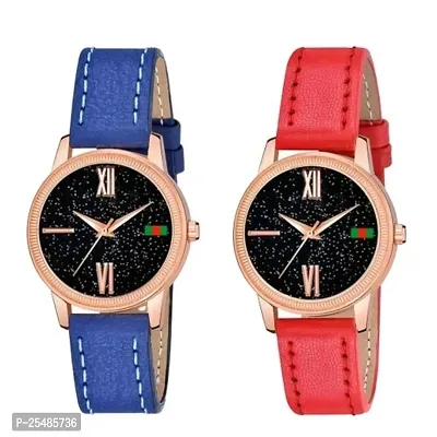 Bolun Black Roman Dial Blue and Red Leather Belt Combo Women and Girls Watch