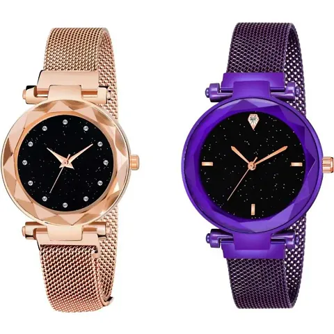 KD Luxury Mesh Starry for Girls Lady Analog Pack of Two Women Watch.