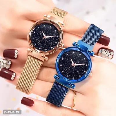 Rose Gold and Blue 12 Diamond Megnet Women Wrist Watch