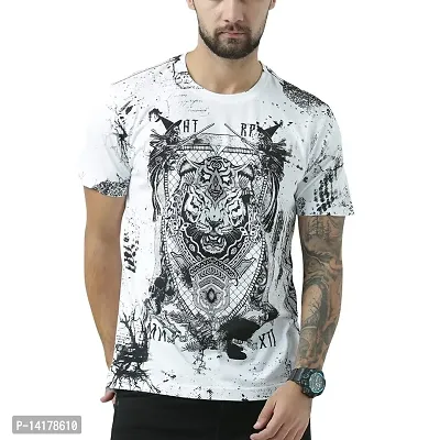 HUETRAP Mens White Mandala Lion Print t-Shirt