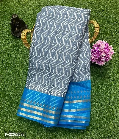 Stylish Blue Cotton Blend Printed Saree with Blouse piece For Women-thumb0