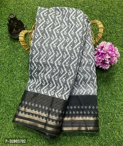 Stylish Grey Cotton Blend Printed Saree with Blouse piece For Women-thumb0