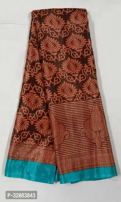 Stylish Brown Cotton Blend Printed Saree with Blouse piece For Women-thumb0