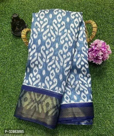 Stylish Blue Cotton Blend Printed Saree with Blouse piece For Women-thumb0