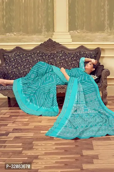 Stylish Blue Cotton Blend Printed Saree with Blouse piece For Women