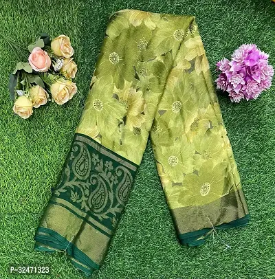 Elegant Green Chiffon Self Pattern Saree with Blouse piece For Women-thumb0