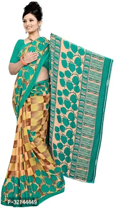 Stylish Chiffon Beige Printed Saree with Blouse piece For Women-thumb0