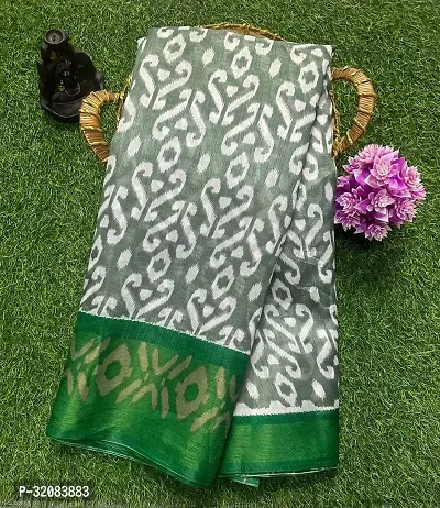 Stylish Green Cotton Blend Printed Saree with Blouse piece For Women-thumb0