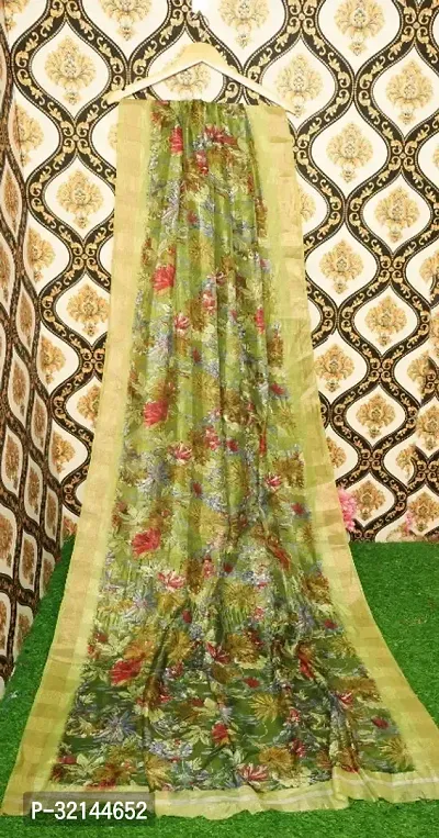 Stylish Linen Green Printed Saree with Blouse piece For Women-thumb0