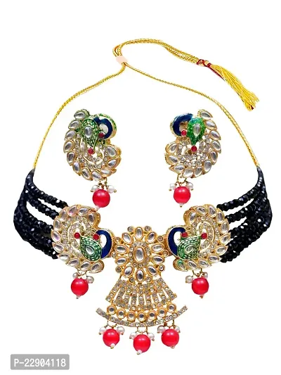 H.S.ENTERPRISES? Women's Latest Gold Plated Colour Stone  Pearl Necklace Set For Women (Jwr-Black)-thumb0