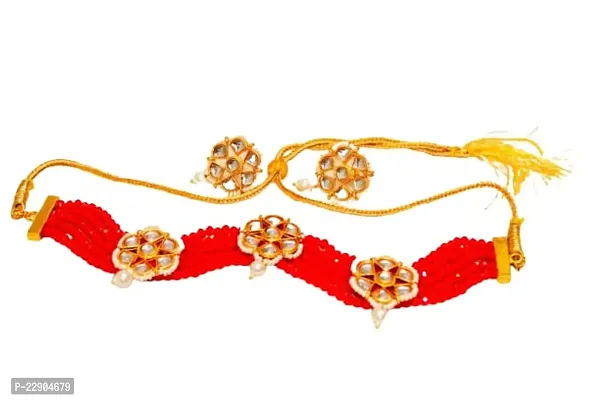 H.S Creation Delicate Fashion Latest Stylish Fancy Floral Design Golden Pendal With Red Beads Designed Necklace Earring Jewellery Set for Women