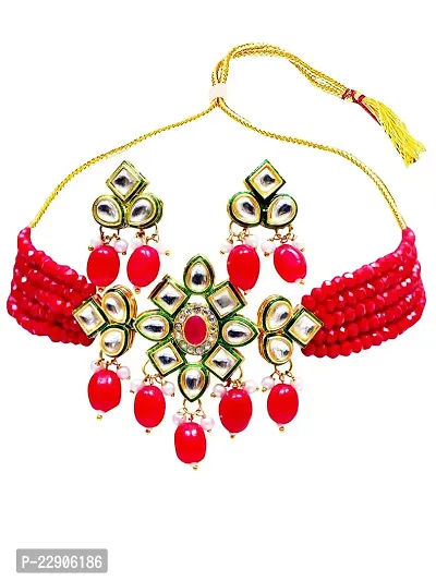 H.S. ENTERPRISES? Women's Trendy Kundan Gold Plated Wedding Choker Necklace Set for Women (JW-023-Red)