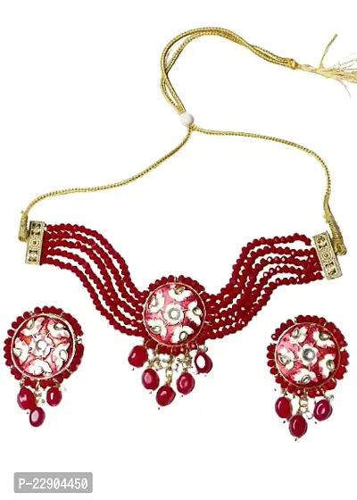 H.S ENTERPRISES? Women's Kundan Pearl Adjustable Choker Necklace with Earrings for Women Girls Indian Traditional Jewellery Set with Earrings/Gorgeous Jewelary/Ideal for Gifting(M.S_Jwd-1-Red)-thumb0