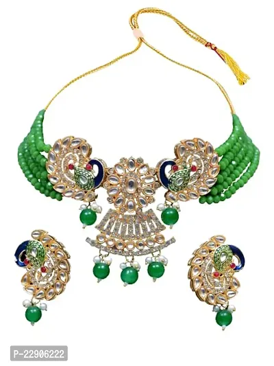 H.S.ENTERPRISES? Women's Latest Gold Plated Colour Stone  Pearl Necklace Set For Women (Jwr-Green)
