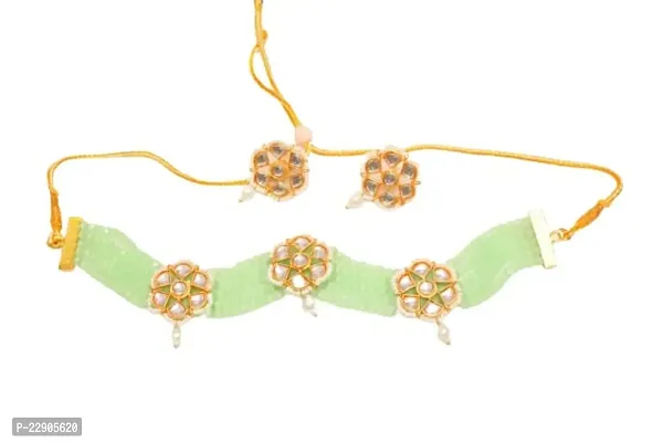 H.S Creation Delicate Fashion Latest Stylish Fancy Floral Design Golden Pendal With Lite-Green Beads Designed Necklace Earring Jewellery Set for Women