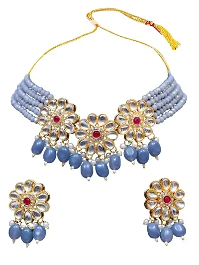 H.S. ENTERPRISES? Women's Adorable Plated Pearl Choker Necklace Set for Women (JW-022-Sky Blue)