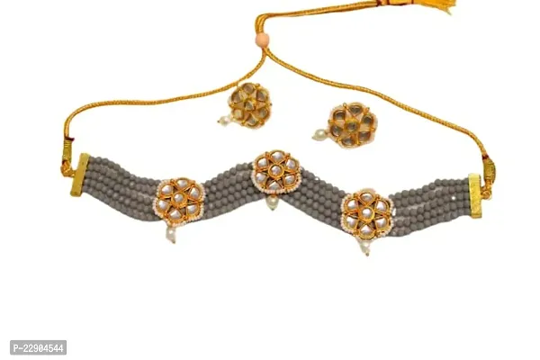 H.S Creation Delicate Fashion Latest Stylish Fancy Floral Design Golden Pendal With Grey Beads Designed Necklace Earring Jewellery Set for Women