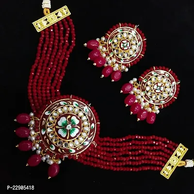 H.S Creation Delicate Fashion Latest Stylish Fancy Floral Print Round Shape Pendal Maroon With Beads Designed Necklace Earring Jewellery Set for Women-thumb2