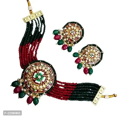 H.S Creation Delicate Fashion Latest Stylish Fancy Floral Print Round Shape Pendal Black-Red With Beads Designed Necklace Earring Jewellery Set for Women-thumb0