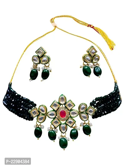H.S. ENTERPRISES? Women's Trendy Kundan Gold Plated Wedding Choker Necklace Set for Women (JW-023-Green)-thumb0