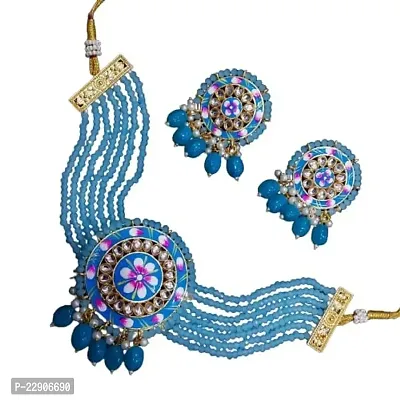 H.S Creation Delicate Fashion Latest Stylish Fancy Floral Print Round Shape Pendal Blue With Beads Designed Necklace Earring Jewellery Set for Women
