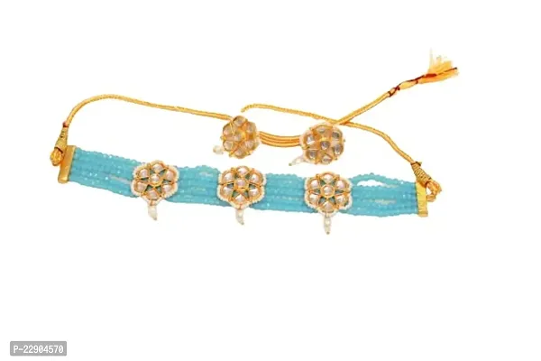 H.S Creation Delicate Fashion Latest Stylish Fancy Floral Design Golden Pendal With Sky-Blue Beads Designed Necklace Earring Jewellery Set for Women