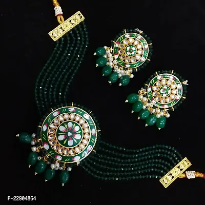 H.S Creation Delicate Fashion Latest Stylish Fancy Floral Print Round Shape Pendal Green With Beads Designed Necklace Earring Jewellery Set for Women-thumb0