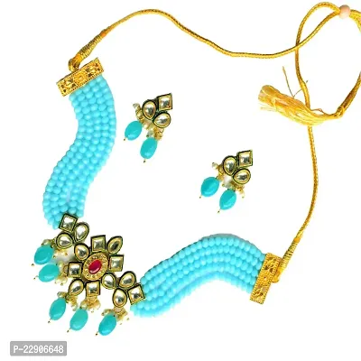 H.S. ENTERPRISES? Women's Trendy Kundan Gold Plated Wedding Choker Necklace Set for Women (JW-023-Light Blue)