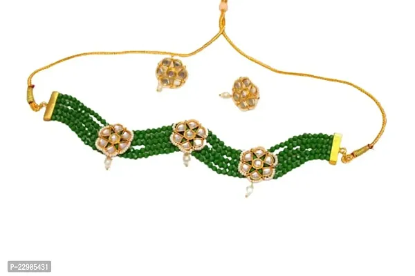 H.S Creation Delicate Fashion Latest Stylish Fancy Floral Design Golden Pendal With Green Beads Designed Necklace Earring Jewellery Set for Women