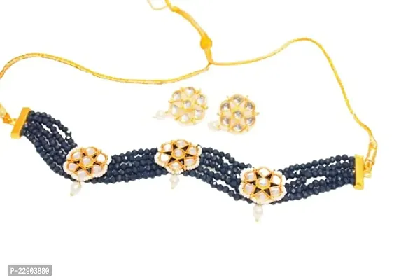 H.S Creation Delicate Fashion Latest Stylish Fancy Floral Design Golden Pendal With Teal-Blue Beads Designed Necklace Earring Jewellery Set for Women-thumb0