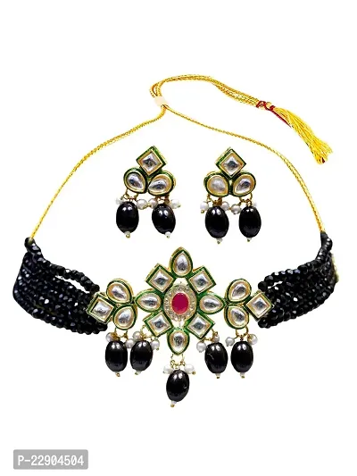 H.S. ENTERPRISES? Women's Trendy Kundan Gold Plated Wedding Choker Necklace Set for Women (JW-023-Black)