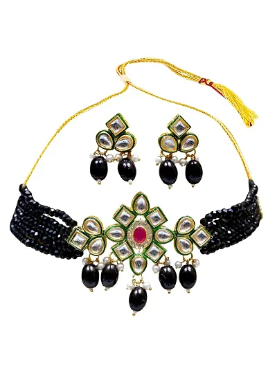 H.S. ENTERPRISES? Women's Trendy Kundan Plated Wedding Choker Necklace Set for Women (JW-023-Black)