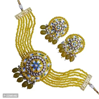 H.S Creation Delicate Fashion Latest Stylish Fancy Floral Print Round Shape Pendal Yellow With Beads Designed Necklace Earring Jewellery Set for Women