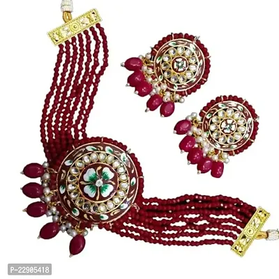 H.S Creation Delicate Fashion Latest Stylish Fancy Floral Print Round Shape Pendal Maroon With Beads Designed Necklace Earring Jewellery Set for Women