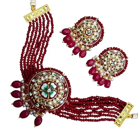 H.S Creation Delicate Fashion Latest Stylish Fancy Floral Print Round Shape Pendal With Beads Designed Necklace Earring Jewellery Set for Women