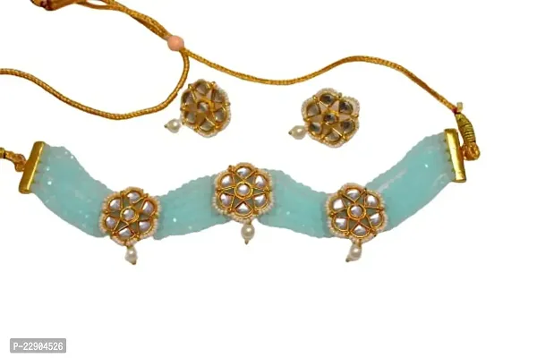 H.S Creation Delicate Fashion Latest Stylish Fancy Floral Design Golden Pendal With Aqua Blue Beads Designed Necklace Earring Jewellery Set for Women