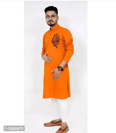 Reliable Orange Cotton Printed Kurta For Men