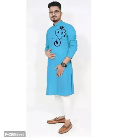 Reliable Blue Cotton Printed Kurta For Men