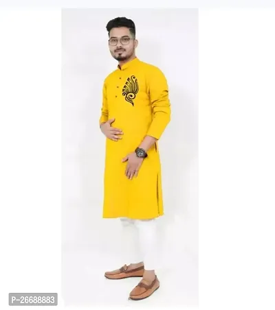 Reliable Yellow Cotton Printed Kurta For Men