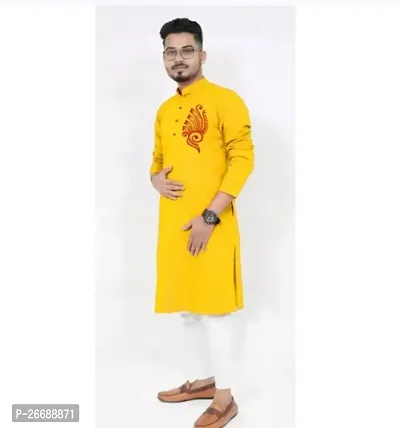 Reliable Yellow Cotton Printed Kurta For Men