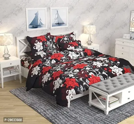 PCOTT Prime Collection 144 TC Polycotton 3D Printed Double Bedsheet with 2 Pillow Covers (Multicolour, Size 90 x 90 Inch) - Black with Red  White Flower 3D6-thumb0