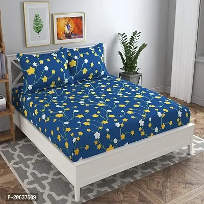 PCOTT Prime Collection 160TC Supersoft Glace Cotton Elastic Fitted King Size Double Bedsheet with 2 Pillow Covers (Multicolour, Size 72 x 78 Inch) - Blue Bail 4 - Gold Fitted-thumb0