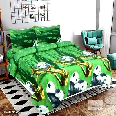 PCOTT Prime Collection 144TC 3D Printed Polycotton Double Bedsheet with 2 Pillow Covers (Multicolour, Size 87 x 87 Inch) - Green with Panda 3D1